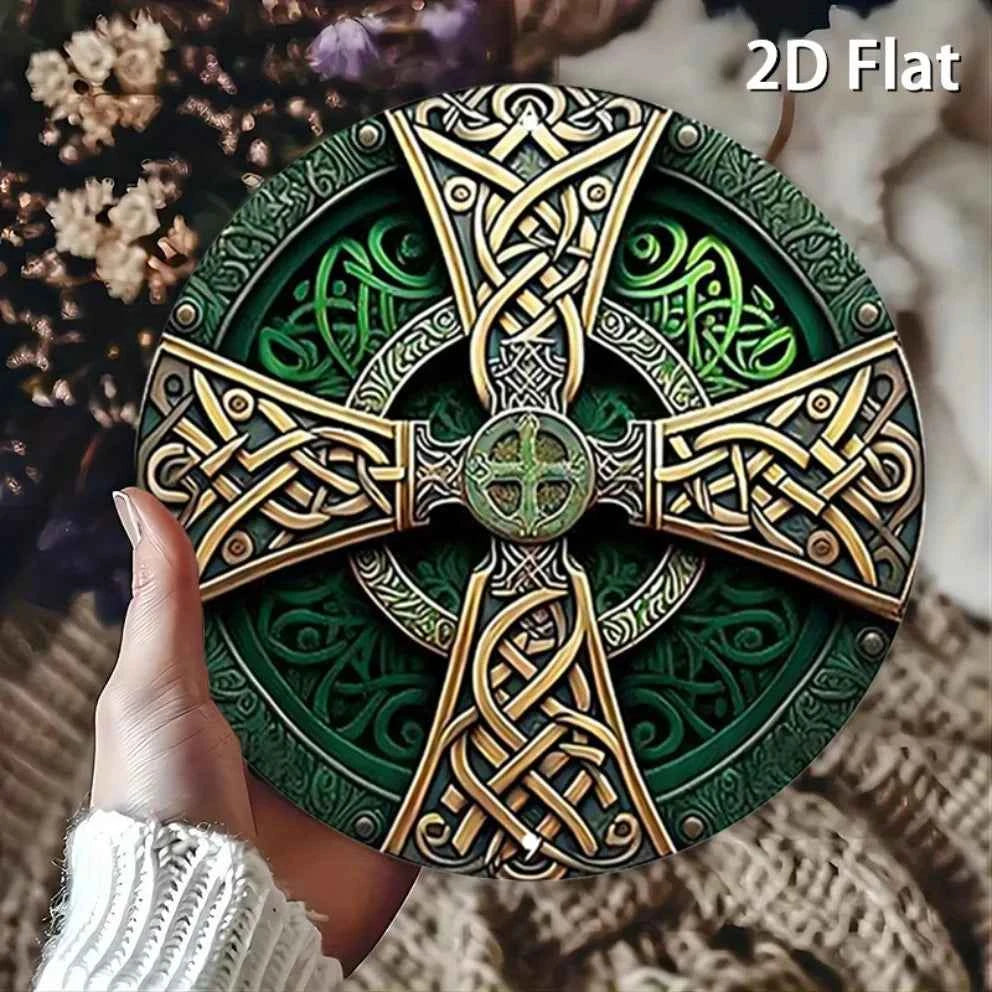 Celtic Cross Sign -  Green Rustic Metal Wall Art with Intricate Knot Design
