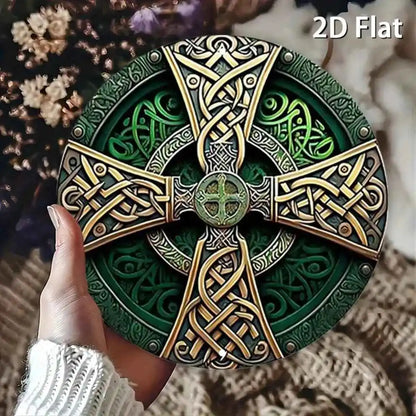 Celtic Cross Sign - Green Rustic Metal Wall Art with Intricate Knot Design - Pedlar's Attic