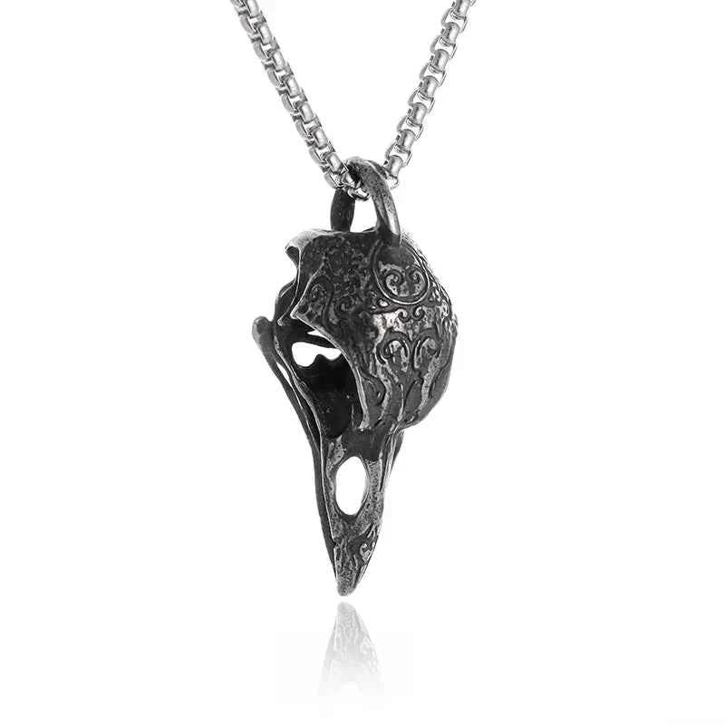 Gothic Vintage Norse Gods Odin Raven Skull Pendant Necklace