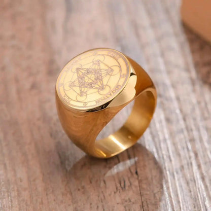 Vnox Seven Seals of Angels Rings for Men, Round Top Stamp Finger Band, Metatron Cube Stamp Ring, Chunky Punk Jewelry - Pedlar's Attic