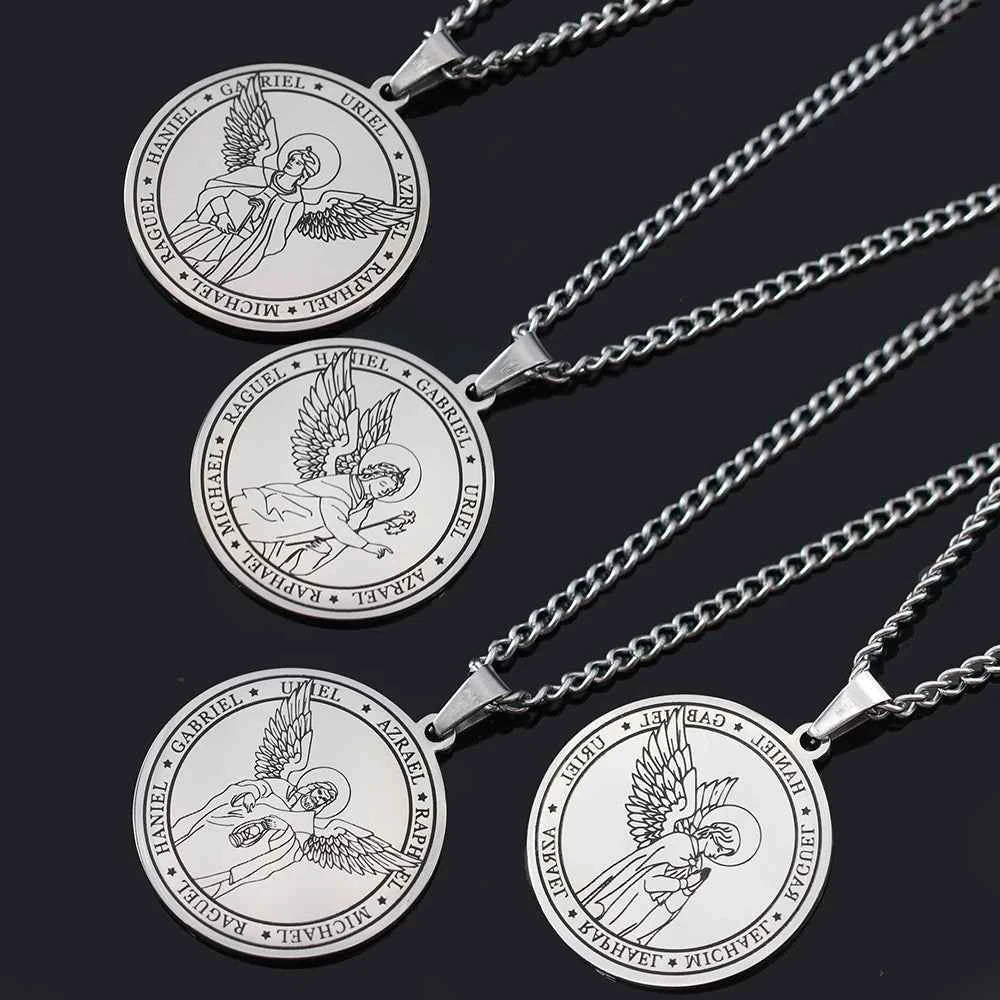 Religious Azrael Gabriel Raphael Uriel Michael Archangel Angel Wing Medal Stainless Steel Pendant Necklace Jewelry