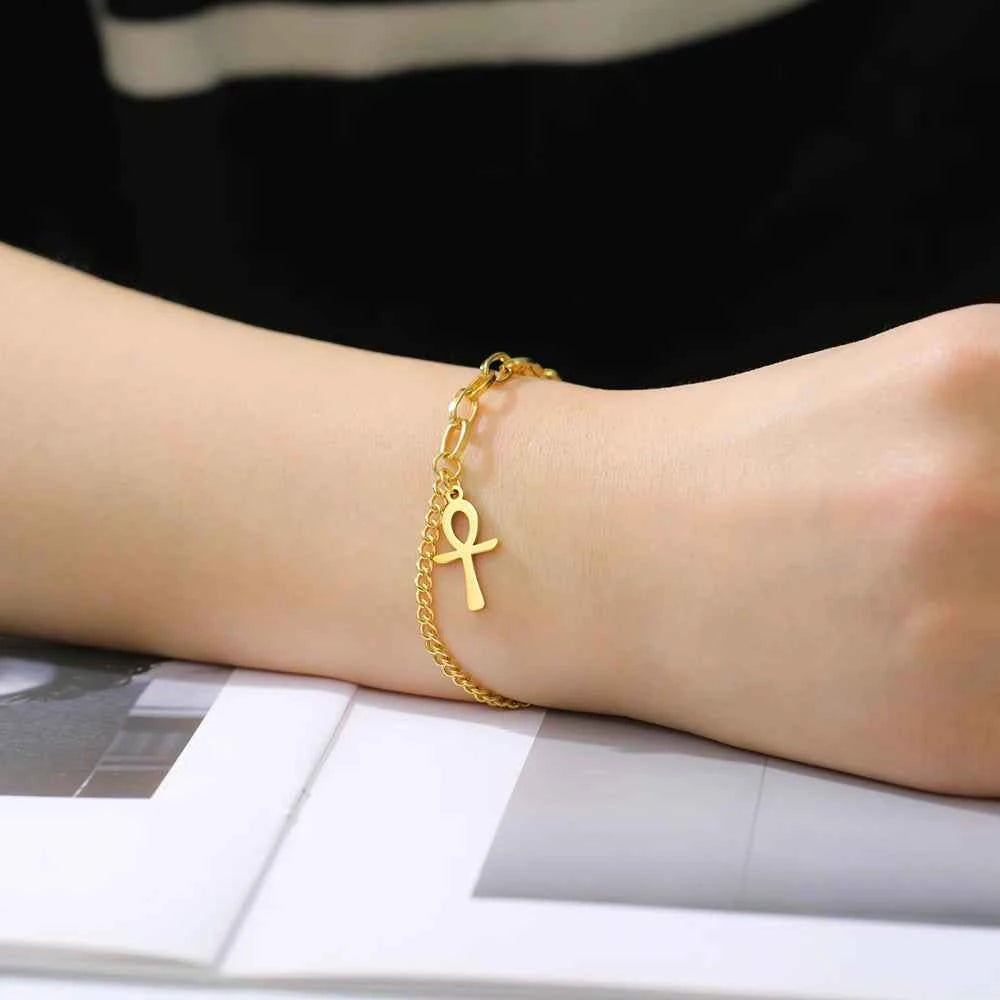 Dawapara Ankh Cross Bracelet Religious Ancient Egyptian Key To Life Prayer Amulet Supernatural Stainless Steel Jewelry