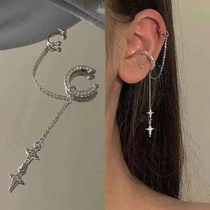 Shiny Silver Crystal Tassel Cuff Earring - Non-Piercing Rhinestone Star Clip-On Jewelry for Women - Pedlar's Attic