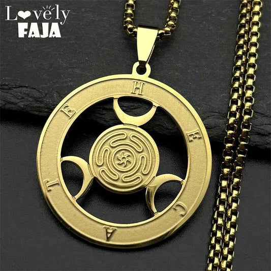 Triple Moon Goddness Hekate Wheel Stainless Steel Pendant Necklace