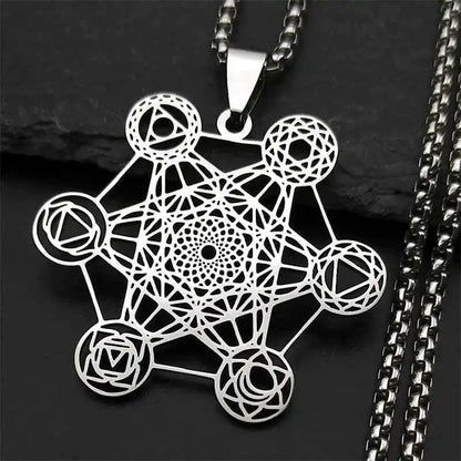 Yoga Hindu Buddhism 7 Chakra Stainless Steel Pendant Necklace Sacred Geometry Hollow Angel Seal Metatron Symbol Chain Jewelry - Pedlar's Attic