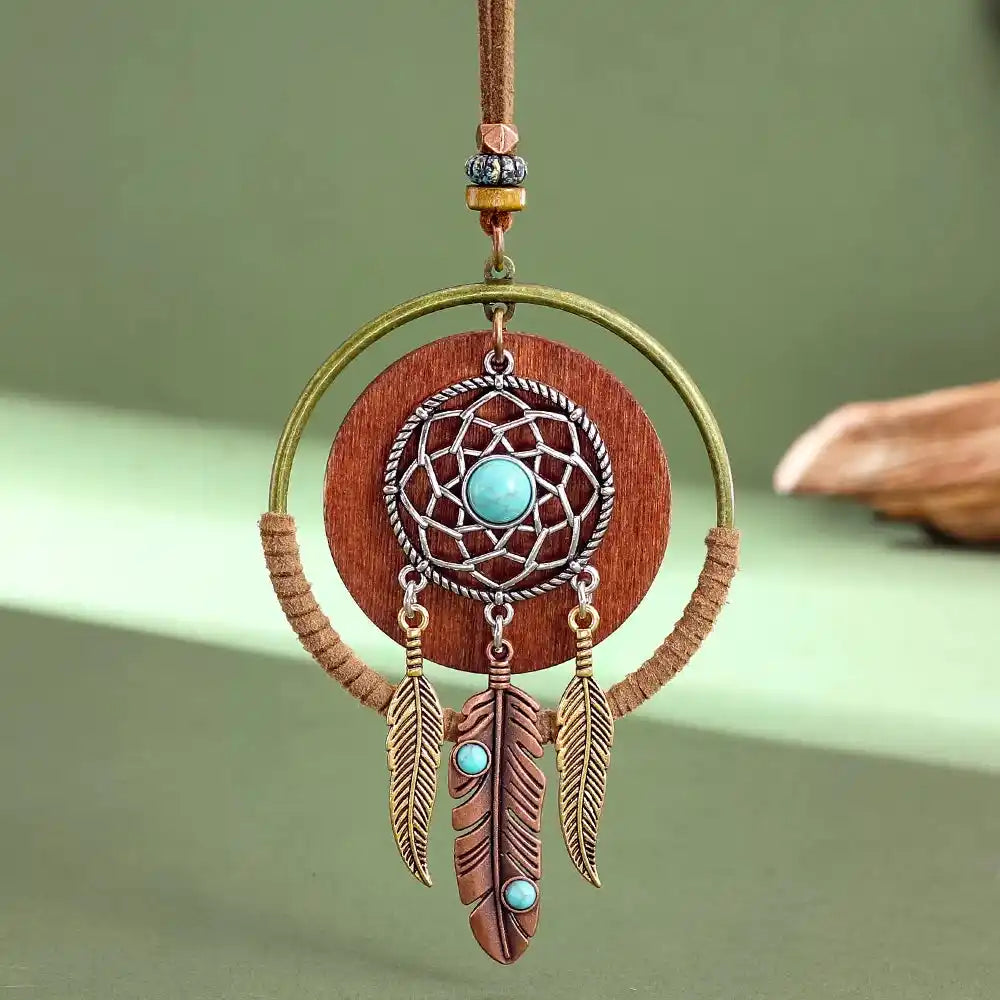 Long bohemian turquoise pendant necklace in dark copper, copper, silver & silver bright. Ethnic-inspired metalwork, lightweight chain. Ships from Pedlar's Attic.