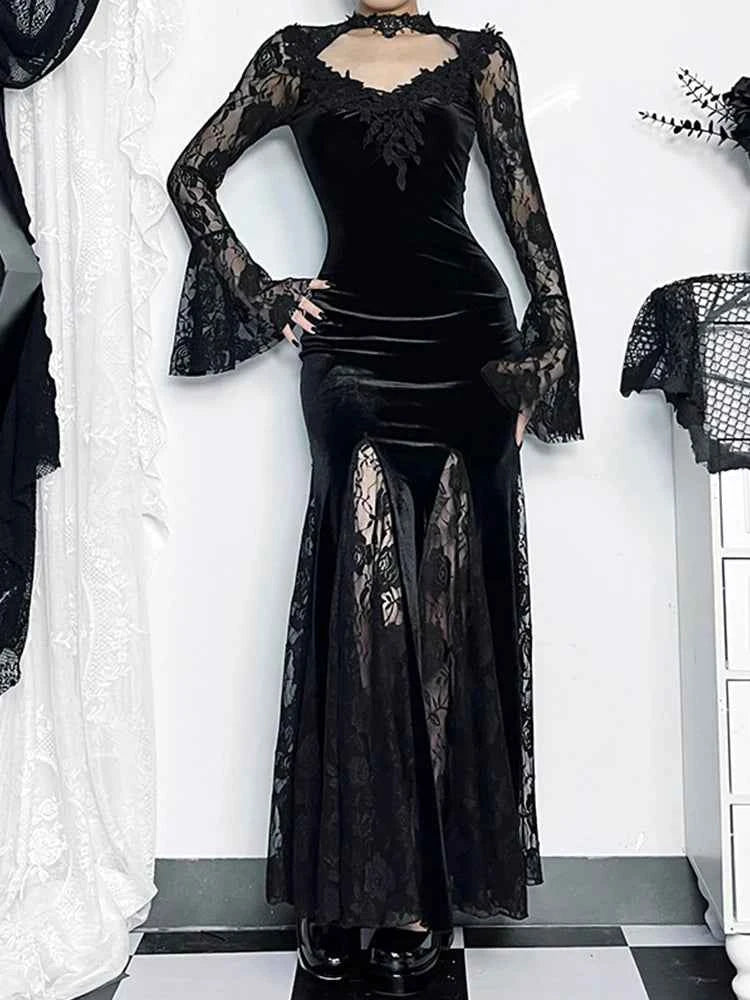 AltGoth Gothic Midi Dress - Elegant Lace Patchwork & Sheer Flare Sleeves, High-Waisted Clubwear for a Stunning Look - Pedlar's Attic