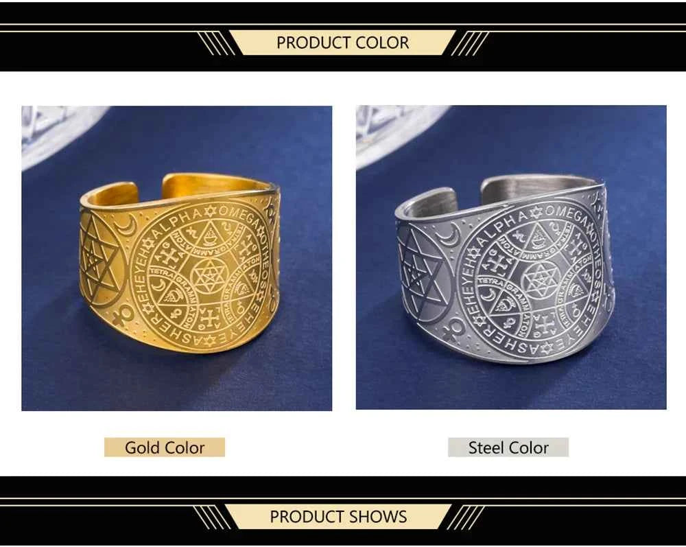 Dawapara Enochian Magic Angel Ring Solomon Kabbalah Protection Amulet Stainless Steel Hexagram Triangle Religious Jewelry