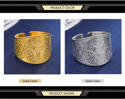 Dawapara Enochian Magic Angel Ring Solomon Kabbalah Protection Amulet Stainless Steel Hexagram Triangle Religious Jewelry - Pedlar's Attic
