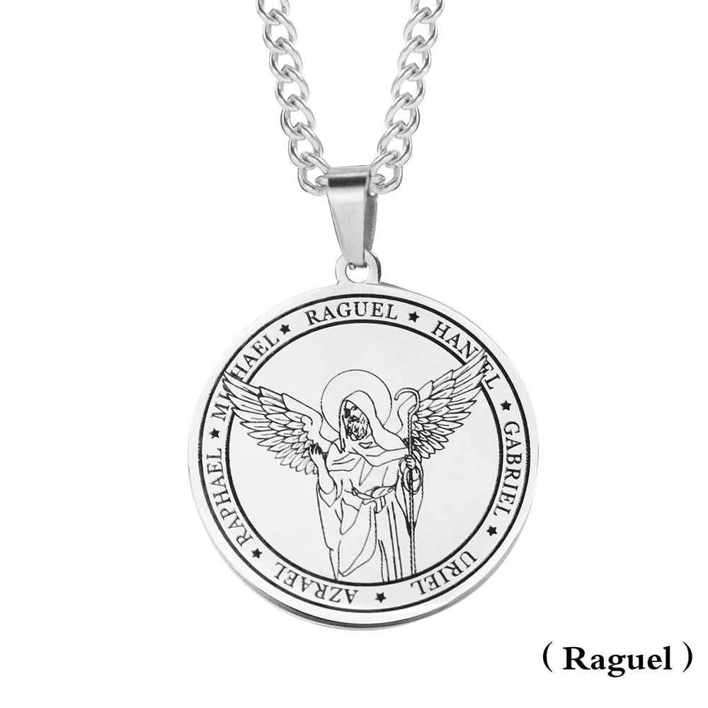 Religious Azrael Gabriel Raphael Uriel Michael Archangel Angel Wing Medal Stainless Steel Pendant Necklace Jewelry