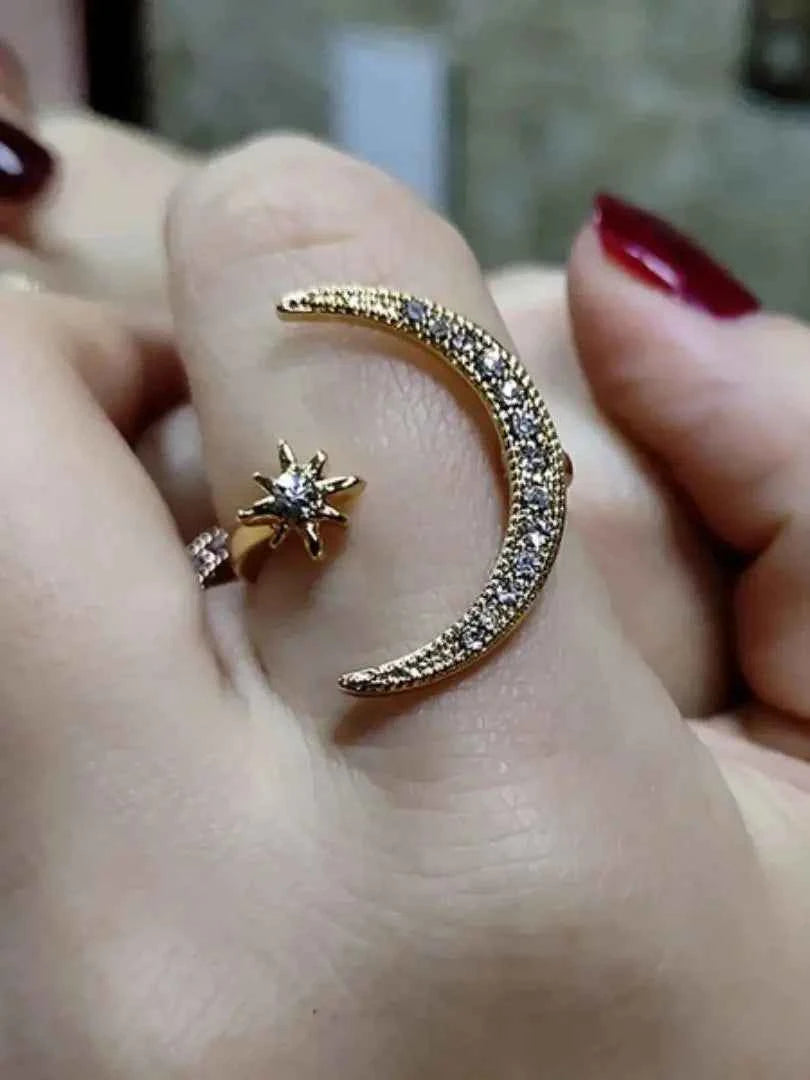 2025 New Silver color Star and Moon Open Ring (One Piece) Irregular Rhinestone Design - Fashionable Starry Sky Style Accessories