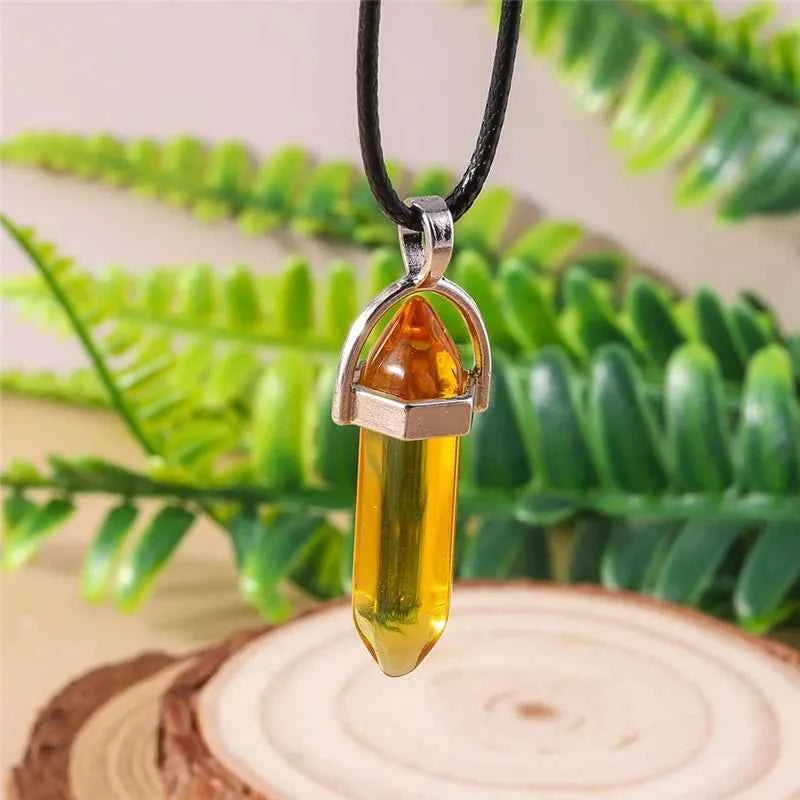 Natural Stone Quartz Lapis Opal Amethyst Pink Crystal Stone Hexagonal Column Pendant Necklaces