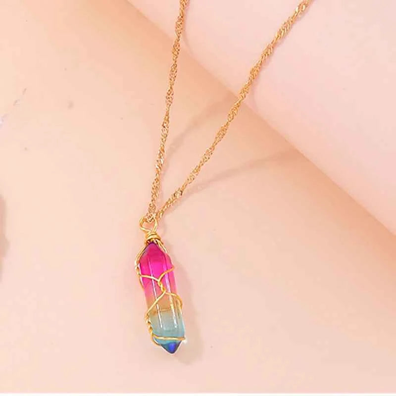 Natural Stone Quartz Lapis Opal Amethyst Pink Crystal Stone Hexagonal Column Pendant Necklaces
