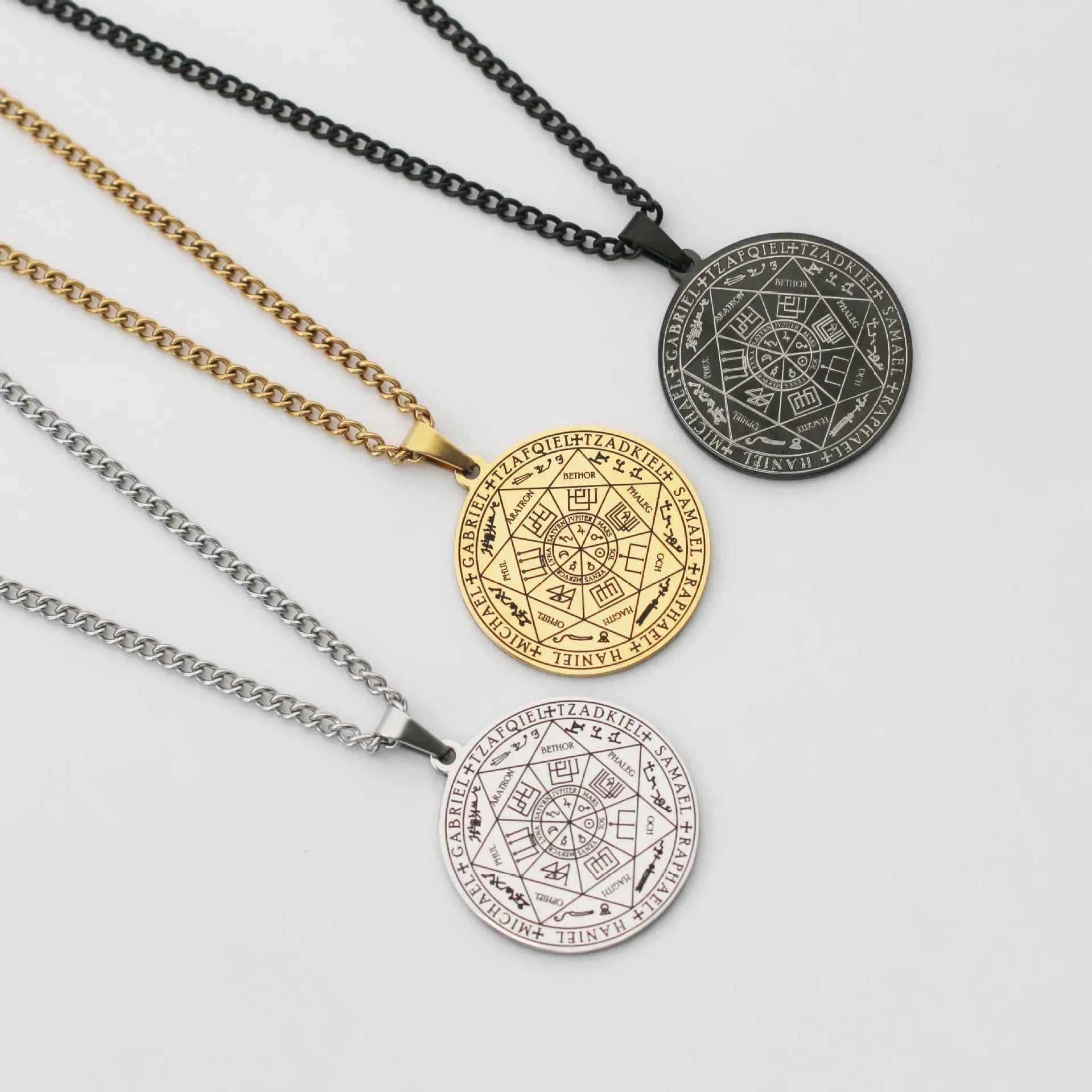 Necklace for Men Seven Archangels Pendant Solomon 7 Archangels Sigil Amulet Necklace Men Simple Stainless Steel Chain Jewelry