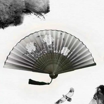 Elegant Essence Bamboo Silk Fan - Chic Black Folding Hand Fan for Dance & Summer Parties, Ideal Gift for Women - Pedlar's Attic