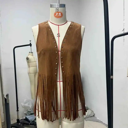 Vintage Vibes Boho Fringe Vest | Sleeveless Faux Suede with Rivets & Tassels for Effortless Style - Pedlar's Attic