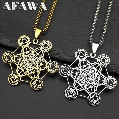 Yoga Hindu Buddhism 7 Chakra Stainless Steel Pendant Necklace Sacred Geometry Hollow Angel Seal Metatron Symbol Chain Jewelry - Pedlar's Attic