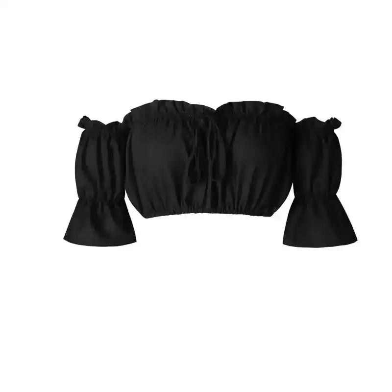 Sun & Spell – Ruched Lantern Sleeve Strapless Crop Top
