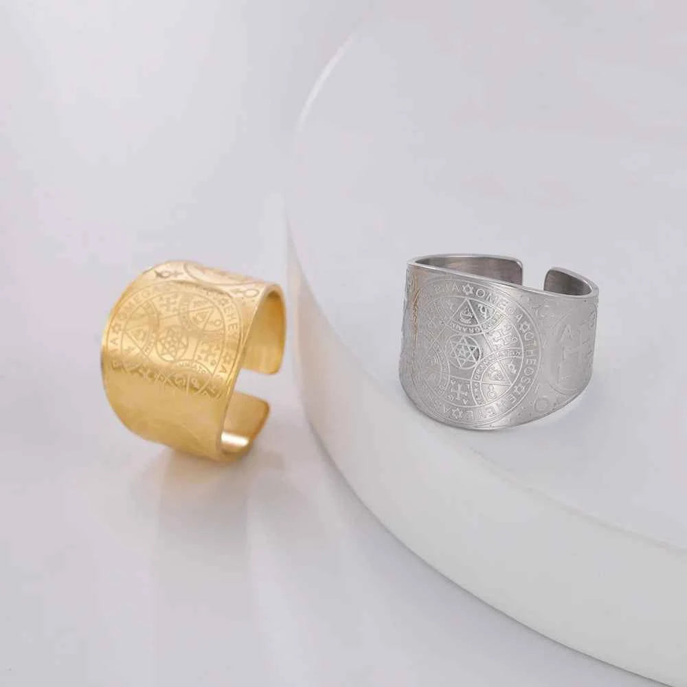Dawapara Enochian Magic Angel Ring Solomon Kabbalah Protection Amulet Stainless Steel Hexagram Triangle Religious Jewelry
