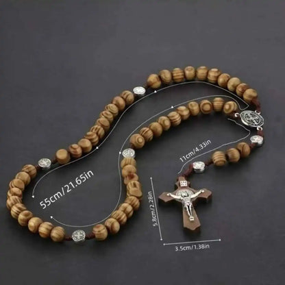 1 Piece/Set Of Wooden Rose Bead Necklace Wooden Saint Benedict Medal and Catholic Cross Religious Prayer Chapel Handmade - Pedlar's Attic