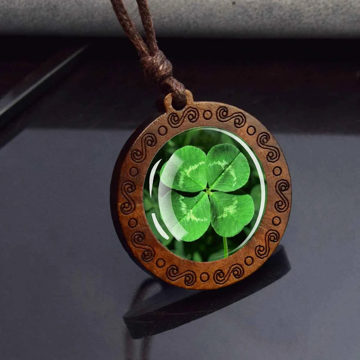 Four Leaf Clover Glass Dome Wooden Pendant Necklace