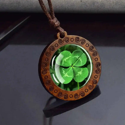 Four Leaf Clover Glass Dome Wooden Pendant Necklace - Pedlar's Attic