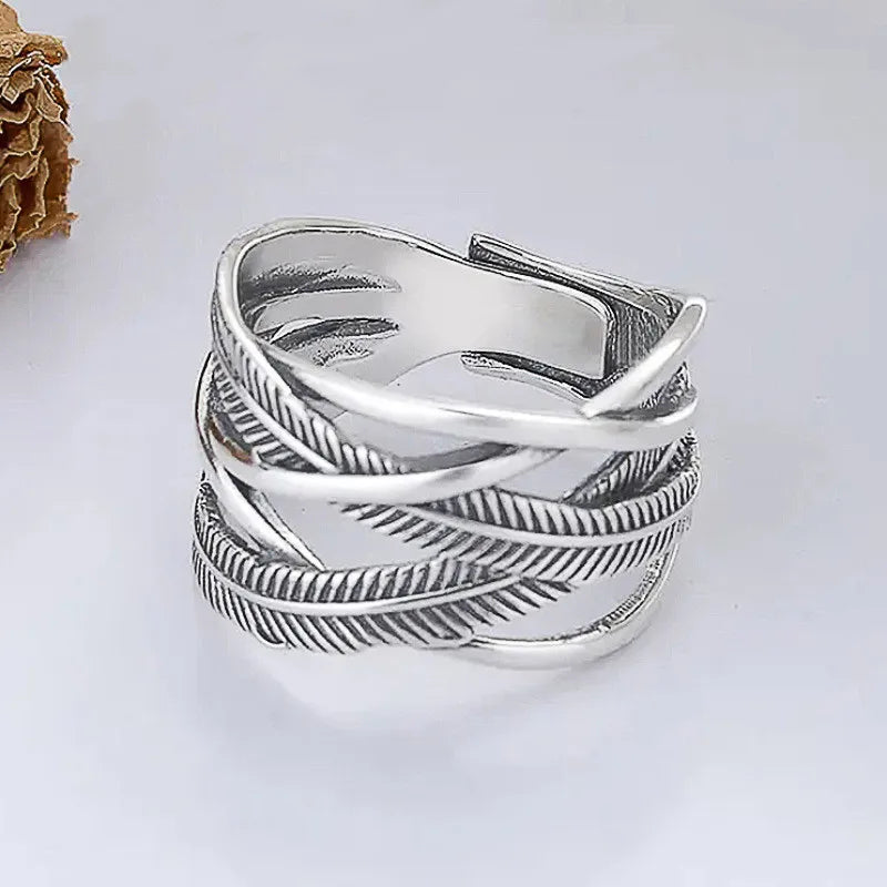 925 Sterling Silver Angel Wings Feather Ring for Women Punk Vintage Thai Silver Cross Rings Female Jewelry Gifts