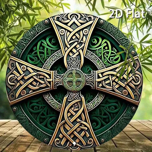 Celtic Cross Sign -  Green Rustic Metal Wall Art with Intricate Knot Design