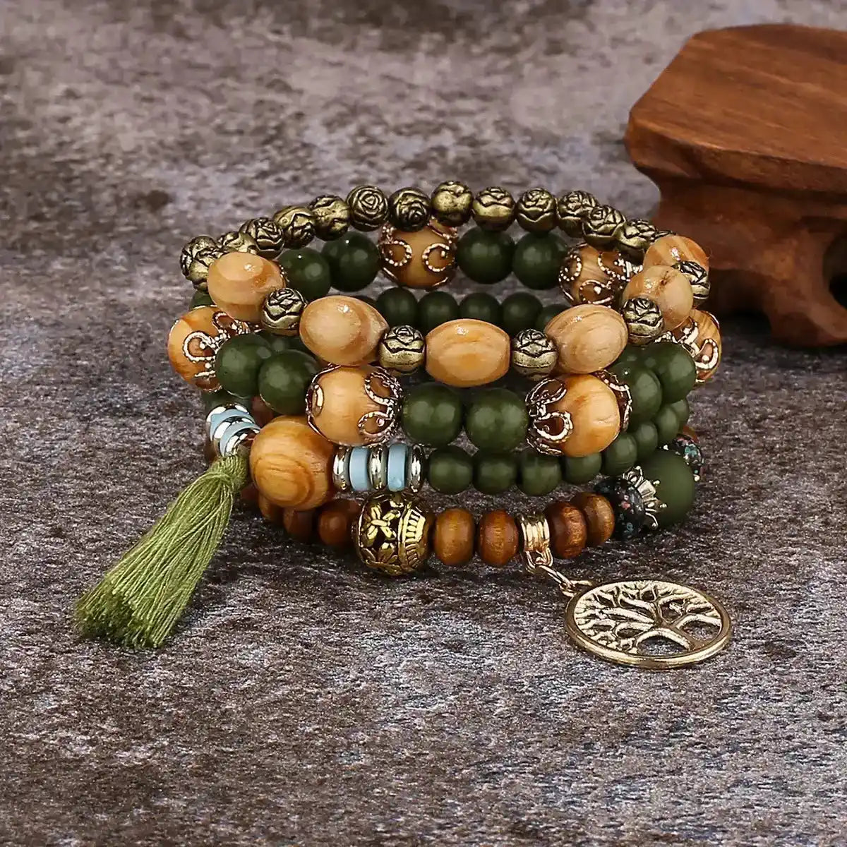 Boho Tree of Life Wooden Beaded Bracelet Set — 4 Piece