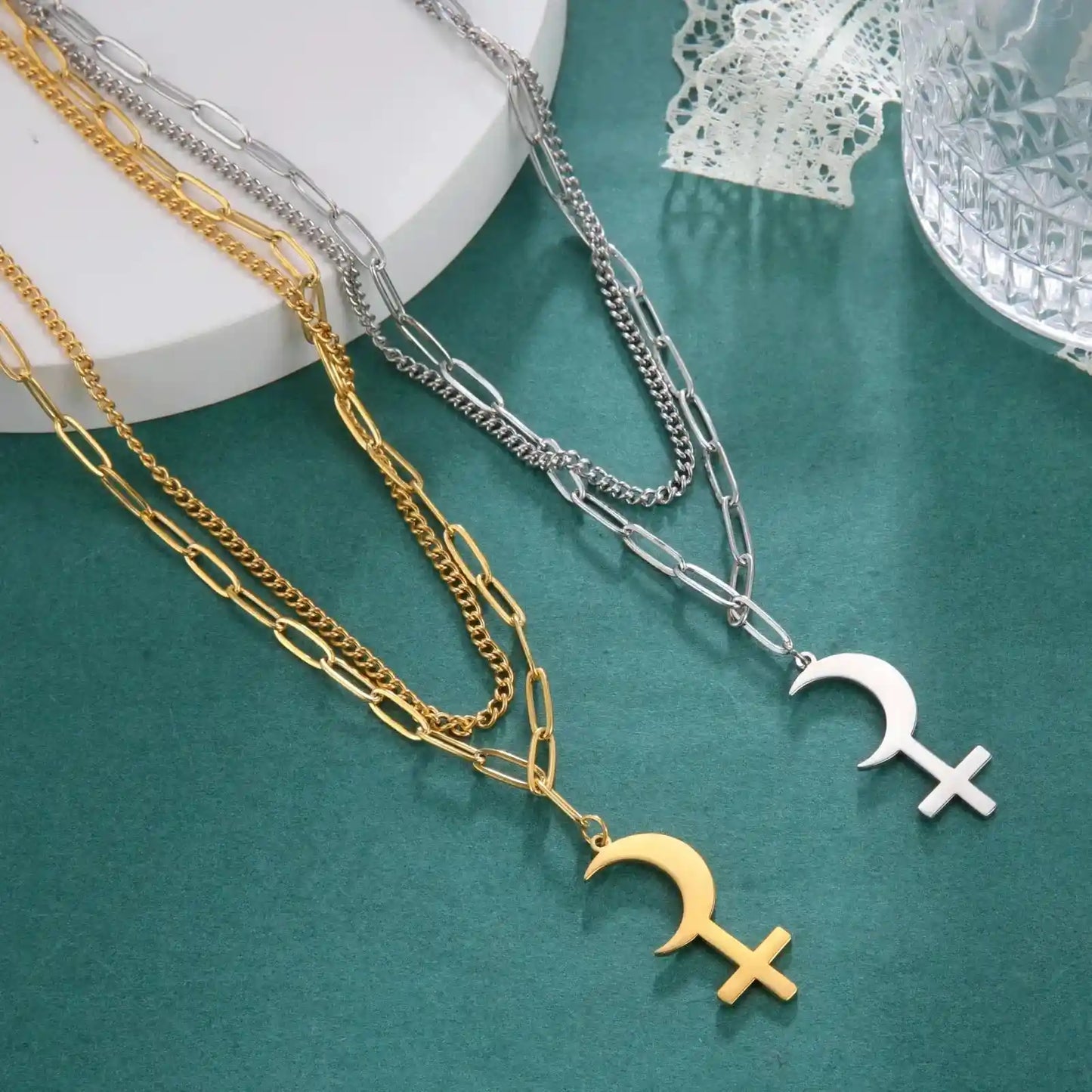 Vintage Black Moon Lilith Pendant Necklace Crescent Moon Cross Double Layer Necklace - Pedlar's Attic