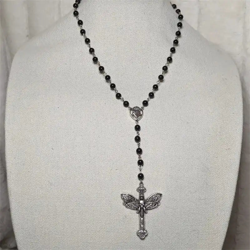 The Moth Knows the Cross — Gothic Death Moth Rosary Necklace