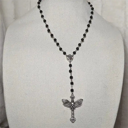 The Moth Knows the Cross — Gothic Death Moth Rosary Necklace