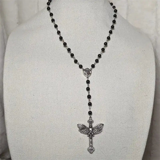 The Moth Knows the Cross — Gothic Death Moth Rosary Necklace