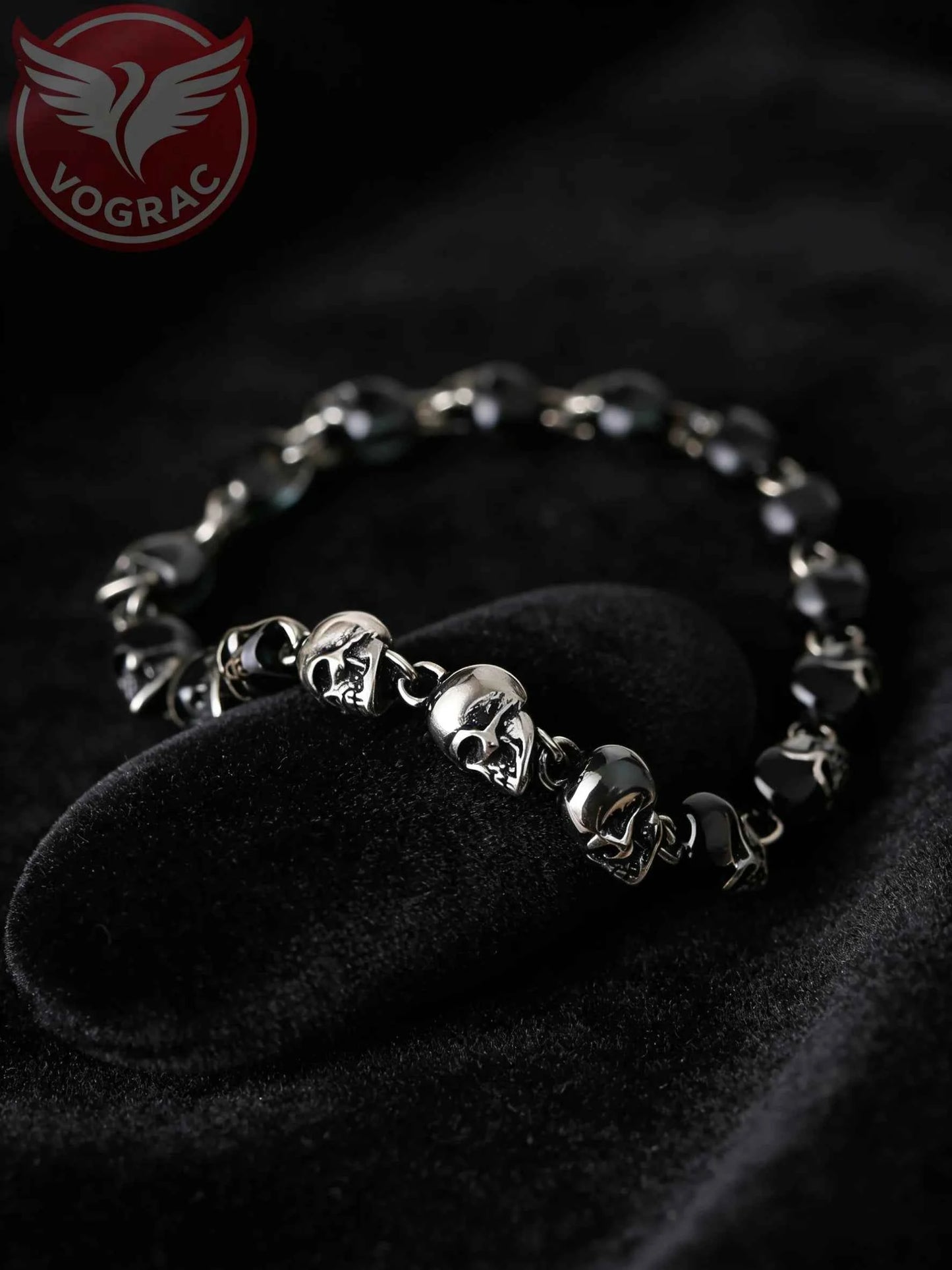 VOGRAC Stainless Steel Skull Bead Linked Strand Bracelet for Men and Women, Gothic Punk Rock Biker Skull Jewelry Gift