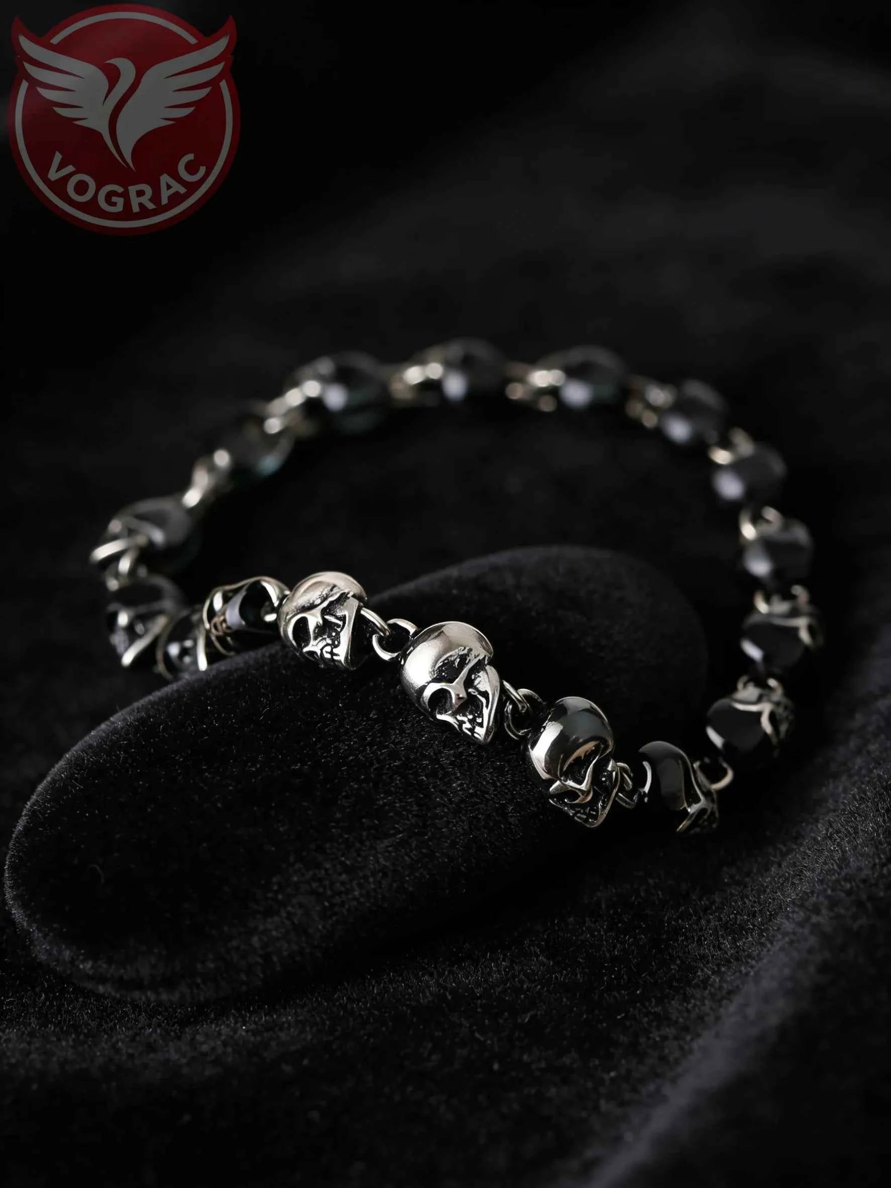 VOGRAC Stainless Steel Skull Bead Linked Strand Bracelet for Men and Women, Gothic Punk Rock Biker Skull Jewelry Gift