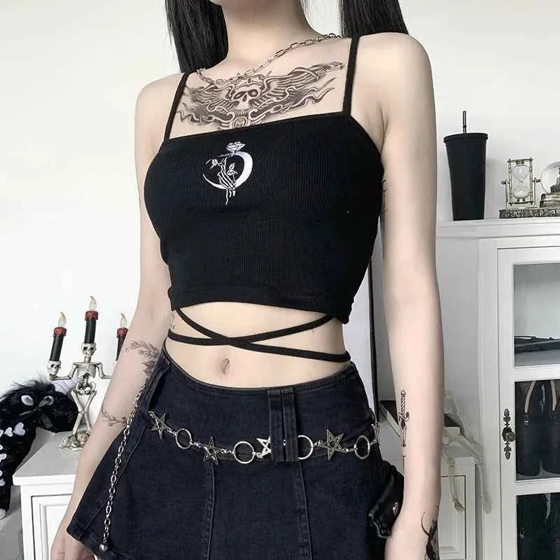 Gothic Women's Print Suspender Sleeveless Square Neck Slim Crop Top