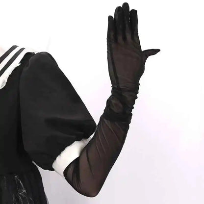 LuxeLace Black Fishnet Over Elbow Gloves - Sexy, Breathable Lace with Seamless Elasticity for Confident Sun Protection - Pedlar's Attic