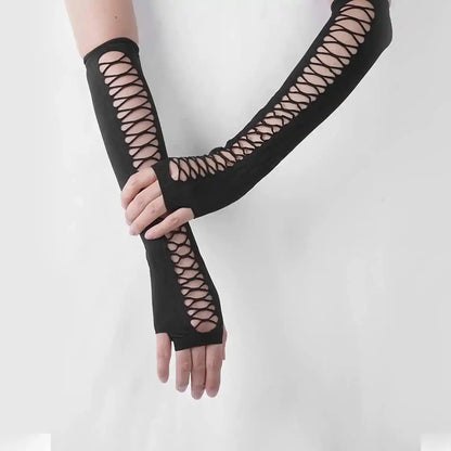 Close-up of black lace fingerless arm warmers with intricate hollow-out design, showing stretchable material and gothic style