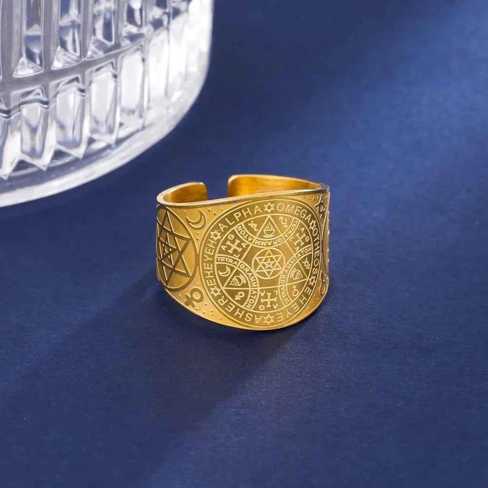 Dawapara Enochian Magic Angel Ring Solomon Kabbalah Protection Amulet Stainless Steel Hexagram Triangle Religious Jewelry