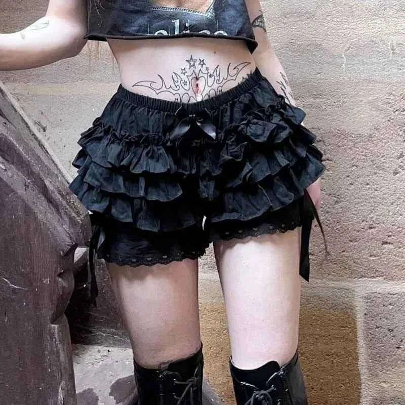 Gothic Lolita Lace Bloomers - Black Aesthetic Ruffle Shorts with Bow for Y2K E-girl Kawaii Style - Pedlar's Attic