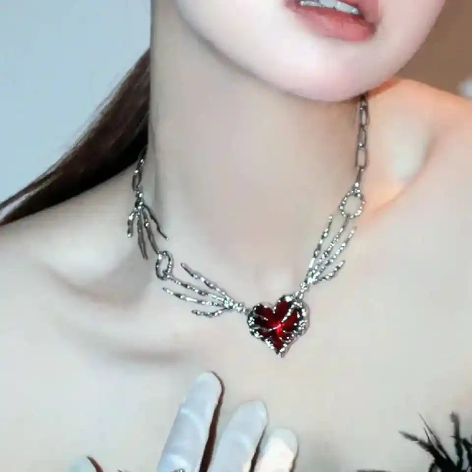 Black Star Cross, Red Heart Pendant, Ghost Claw Choker, Chain Necklace, Goth Vintage Grunge EMO Accessories - Pedlar's Attic