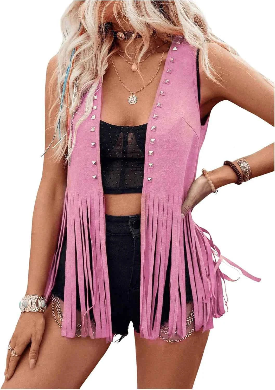 Women Vintage Sleeveless Faux Suede Fringe Vest Rivets Leather Western Boho Tassel Jacket Open Front Hippie Cardigan 2025