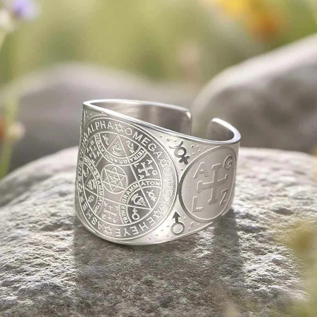 Dawapara Enochian Magic Angel Ring Solomon Kabbalah Protection Amulet Stainless Steel Hexagram Triangle Religious Jewelry