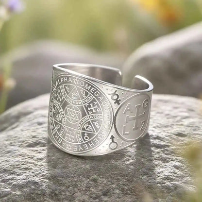 Dawapara Enochian Magic Angel Ring Solomon Kabbalah Protection Amulet Stainless Steel Hexagram Triangle Religious Jewelry - Pedlar's Attic