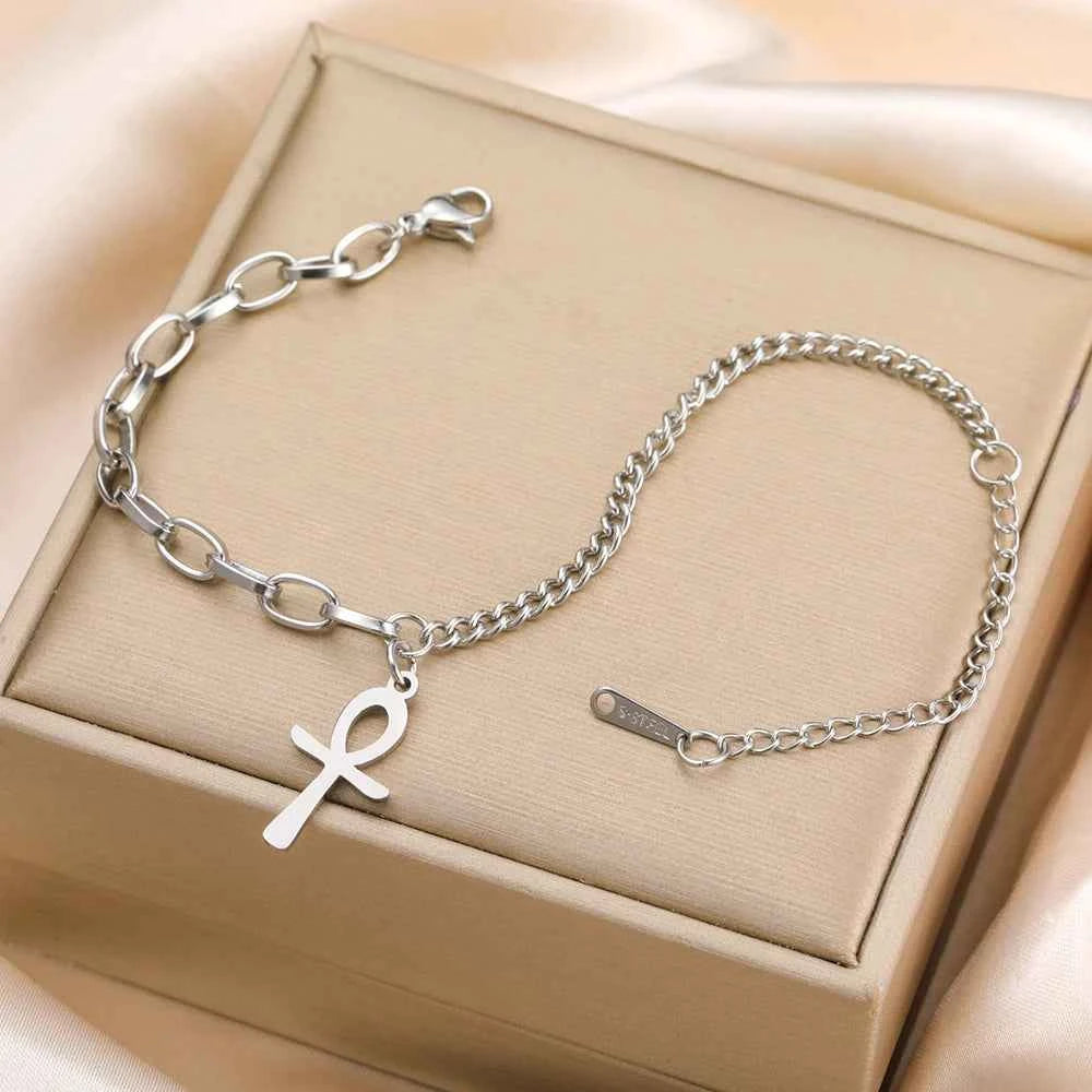 Dawapara Ankh Cross Bracelet Religious Ancient Egyptian Key To Life Prayer Amulet Supernatural Stainless Steel Jewelry