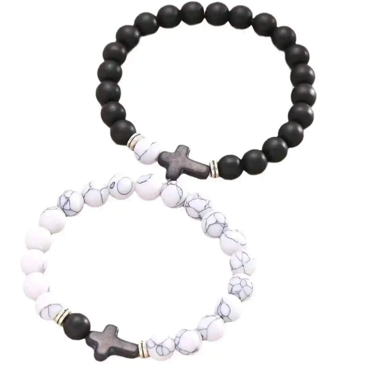 Black Cross, Black and White Bead Chain Bracelet Set Two-Piece - Pedlar's Attic