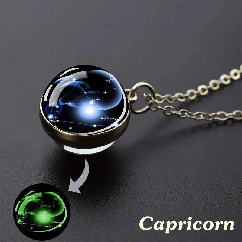 12 Constellation Necklace Starry Sky Luminous Zodiac Glass Ball Pendant Necklace Christmas Gift for Men Women