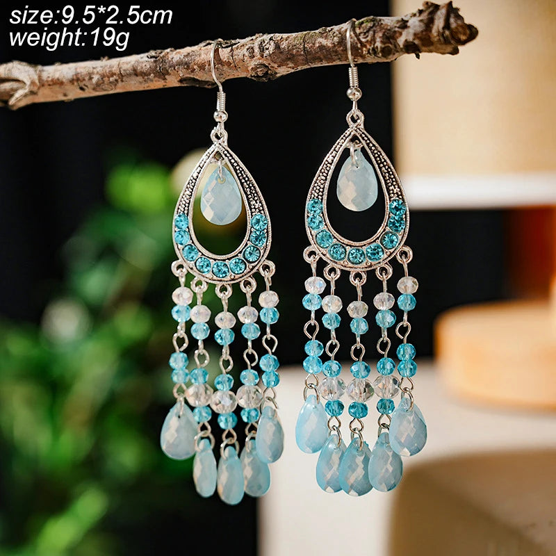 Blue Fashion Boho Temperament Water Drop Feather Earrings for Women Long Crystal Rhinestone Drop Oil Dangle Earring Jewelry