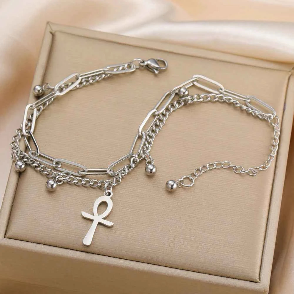 Dawapara Ankh Cross Bracelet Religious Ancient Egyptian Key To Life Prayer Amulet Supernatural Stainless Steel Jewelry