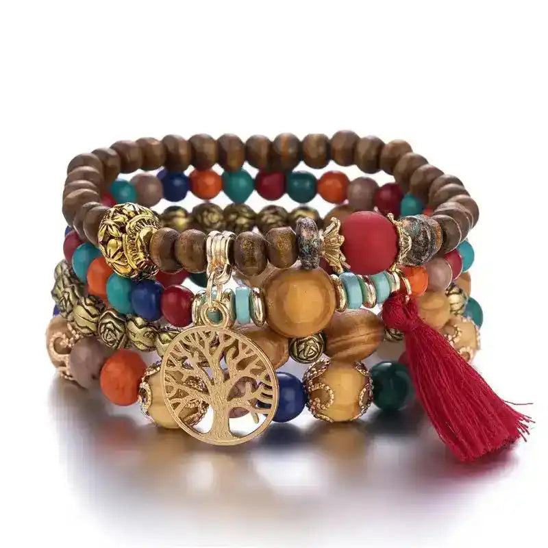 Boho Tree of Life Wooden Beaded Bracelet Set — 4 Piece
